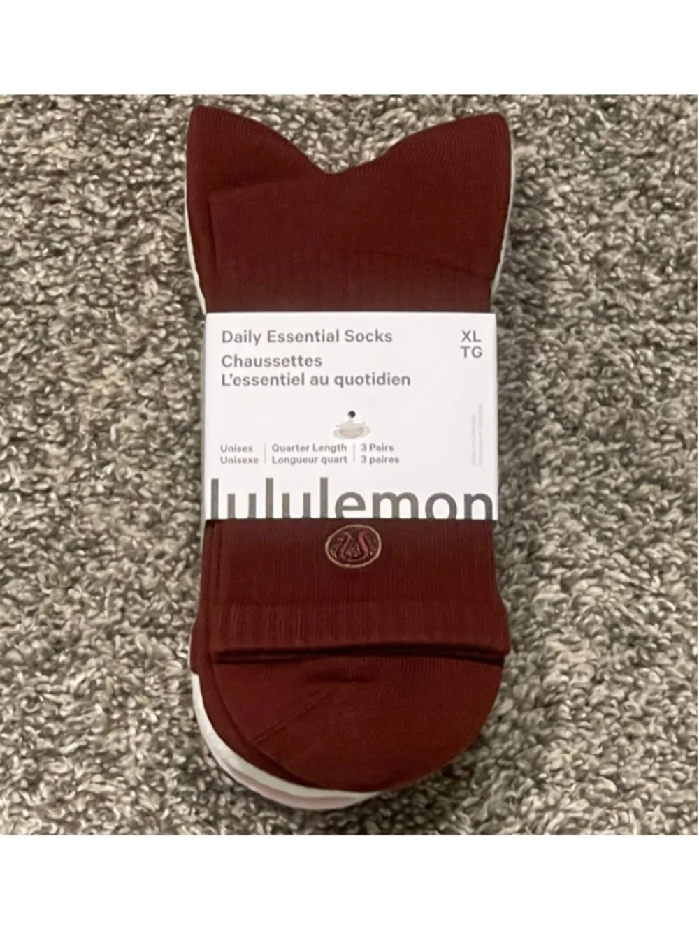 Lululemon Unisex Daily Essential Quarter Length Socks, 3-pack, Size XL, NWT